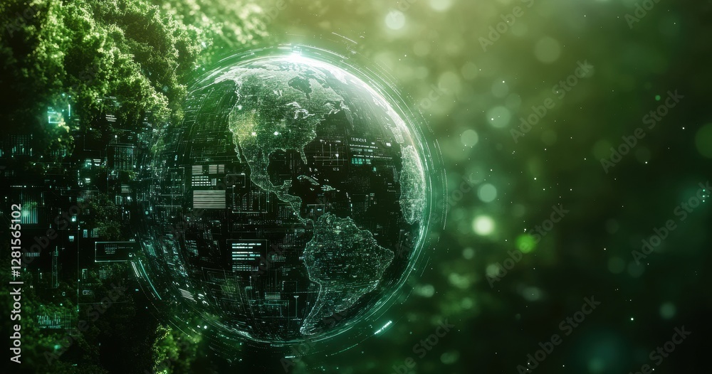 Obraz premium Digitale Erde mit grüner Technologie und Datenvernetzung, Digital Earth with green technology and data network