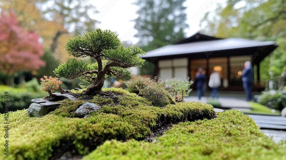 Tiny park with bonsai trees, moss-covered ground, and a cozy house in the background, with people strolling nearby. - Tiny park with bonsai trees, moss-covered ground, and a cozy house in the background, with people strolling nearby. -