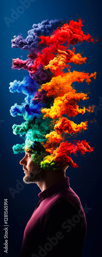 An artistic portrayal of a man's silhouette, showcasing an explosion of vibrant colors erupting from his head, symbolizing creativity and imagination in a visually striking manner.