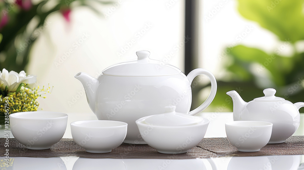clean white tea set arranged elegantly on table, surrounded by greenery clean white tea set arranged elegantly on table, surrounded by greenery
