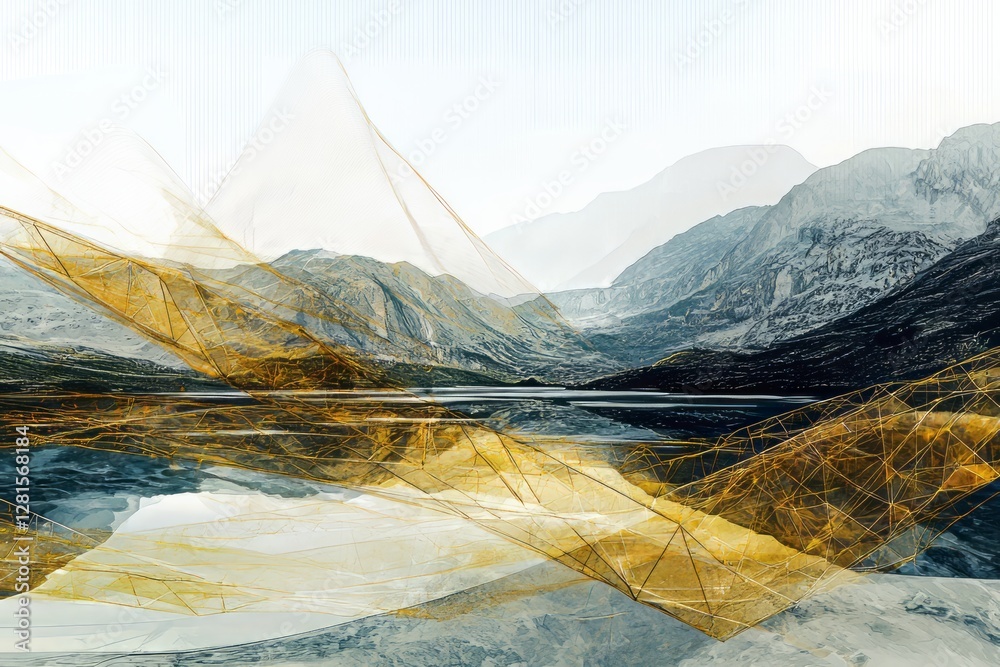 Εκτύπωση καμβά Surreal mountain landscape with golden geometric structures blending into nature, creating a fusion of technology and organic scenery