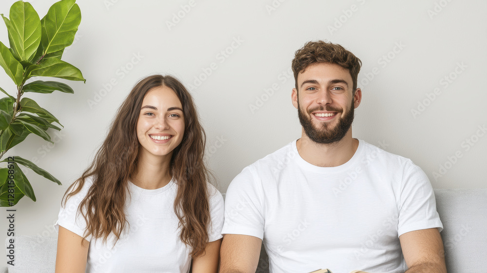 happy couple sitting on sofa, reading book together, enjoying their time happy couple sitting on sofa, reading book together, enjoying their time