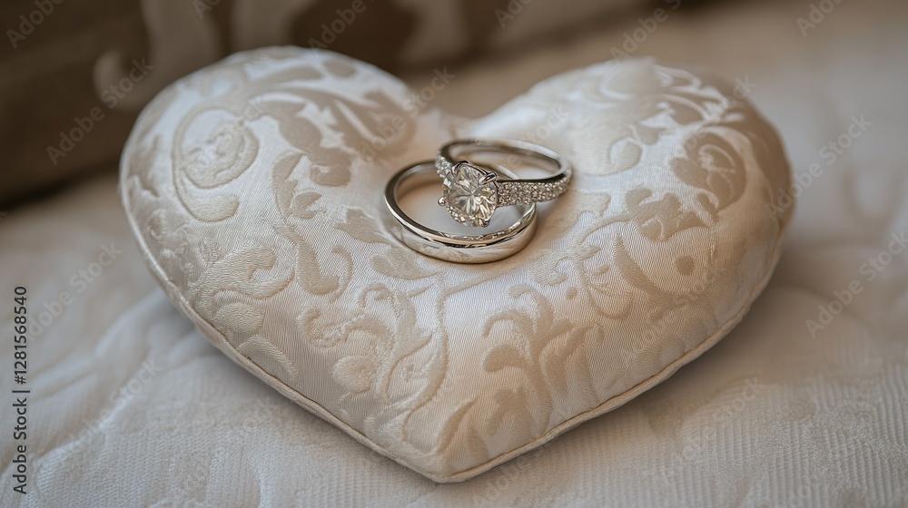 Obraz premium A pair of wedding rings on a heart-shaped cushion