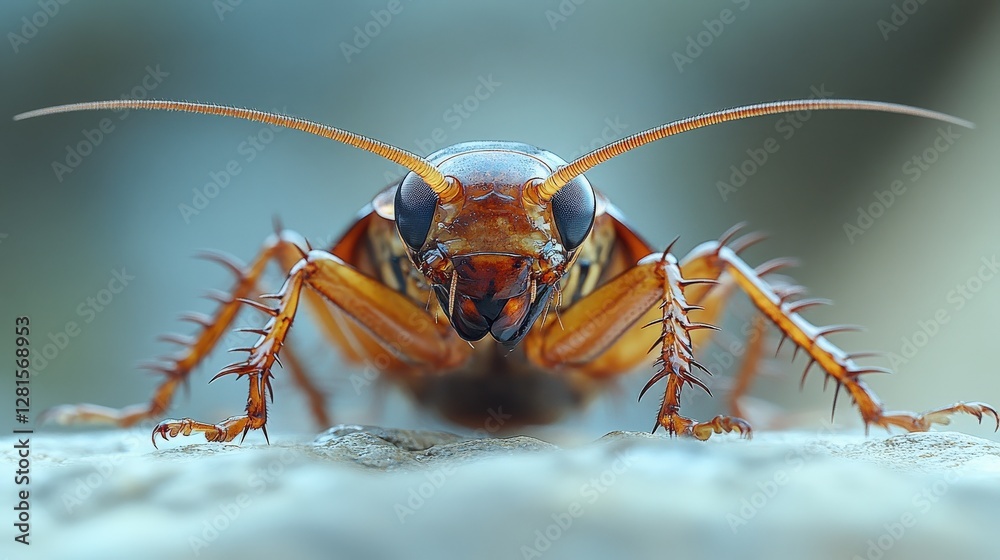 Close-up of a cockroach showcasing intricate details and textures, set against a blurred natural background Close-up of a cockroach showcasing intricate details and textures, set against a blurred natural background