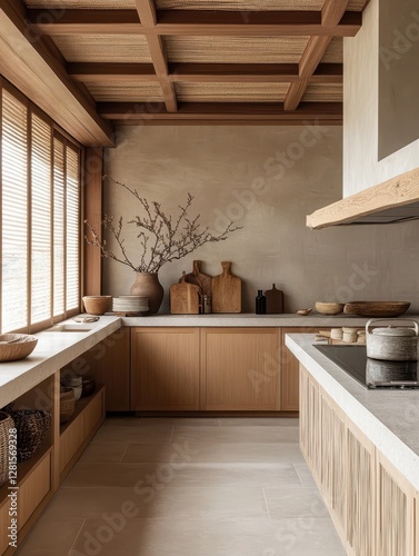 A warm kitchen interior with wood cabinets and a neutral color scheme