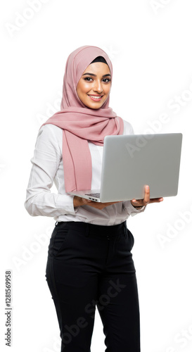 Smiling young middle east businesswoman in hijab holding laptop isolated on White background