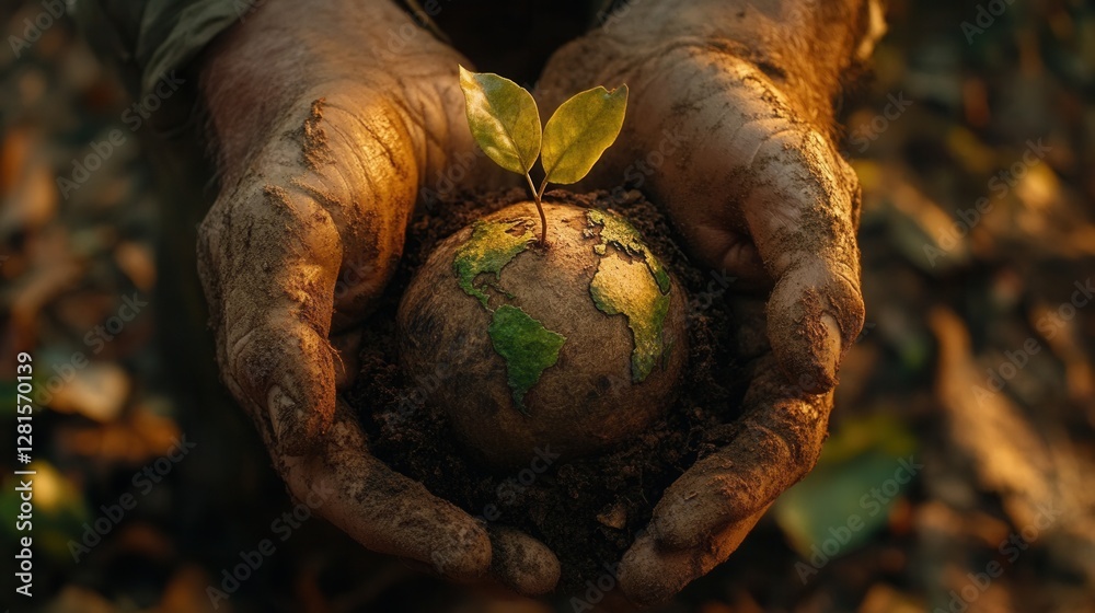 Obraz premium Human hands nurture fragile sapling shaped like Earth's continents amidst sunlight filtered through trees
