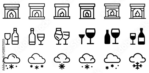 Cosy Fireplace, Wine, and Snowing Vector Icon Set