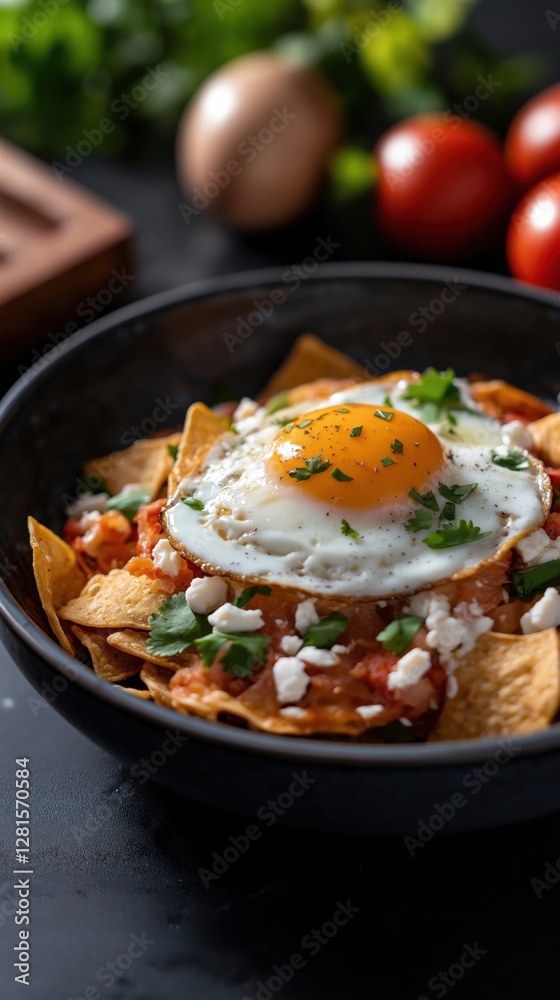 A plate of chilaquiles is served with crispy tortilla chips, smothered in a rich, spicy red or green sauce. This image is ideal for food bloggers, Mexican cuisine promotions, and restaurant menus. A plate of chilaquiles is served with crispy tortilla chips, smothered in a rich, spicy red or green sauce. This image is ideal for food bloggers, Mexican cuisine promotions, and restaurant menus.