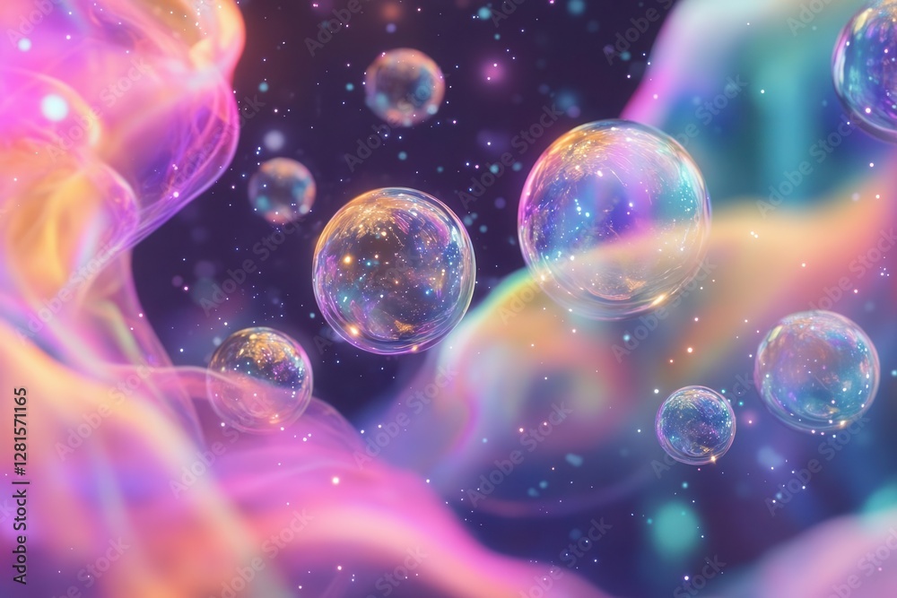 cosmic party scene with floating metallic bubbles holographic streamers and nebulainspired color swirls in zero gravity