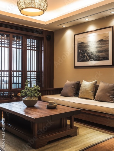 A cozy Asianstyle living room with attractive wooden details