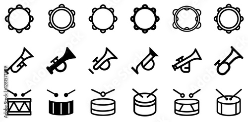 Tambourine, Trumpet, and Drum Vector Icon Set