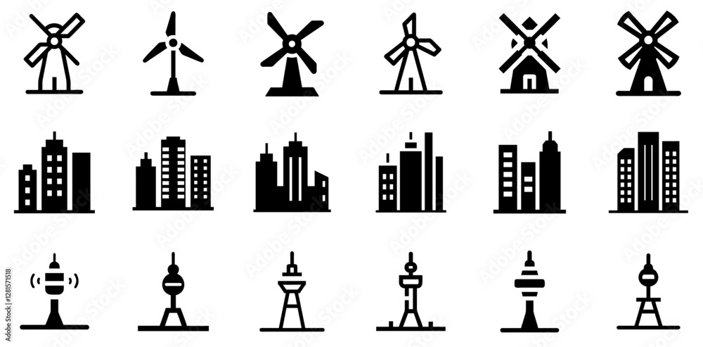 Wind Mill, Skyscrapers, and TV Tower Vector Icon Set Wind Mill, Skyscrapers, and TV Tower Vector Icon Set