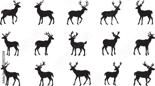 set of silhouettes of reindeer. male and female deer isolated on a white background