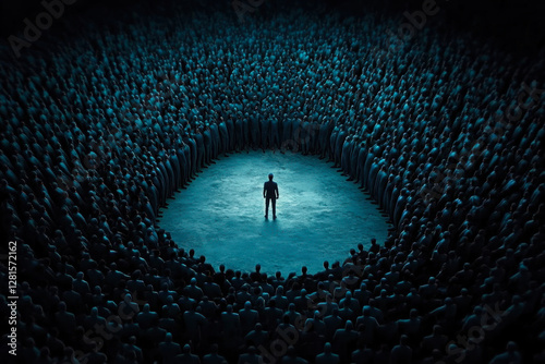 A lone figure stands at the center, encircled by a vast crowd, symbolizing isolation and the struggle for individuality in a conformist society.