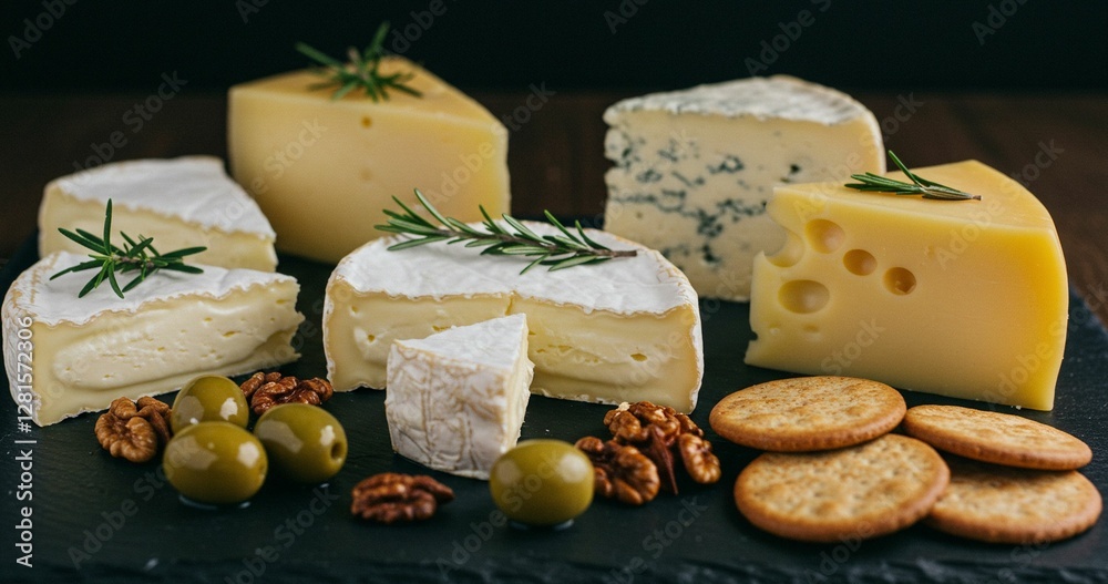Assorted cheese platter with olives and nuts