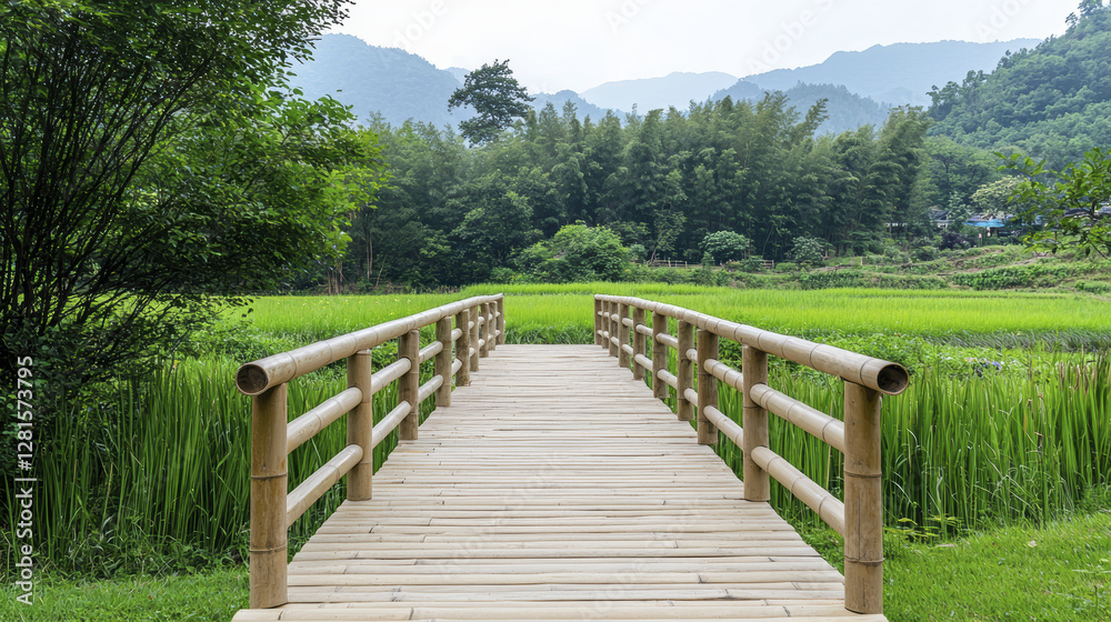 Obraz premium serene wooden bridge leads through lush green rice fields, surrounded by mountains and trees, creating peaceful landscape