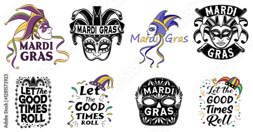 Mardi Gras, face and text collection, set of 8 mardi gras logo design, striker, Tshirt design, logo design, artwork, game, poster, PNG