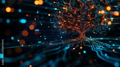 Abstract digital tree with glowing particles.