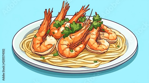 Delicious Shrimp Scampi Pasta Illustration on Plate with Fresh Parsley