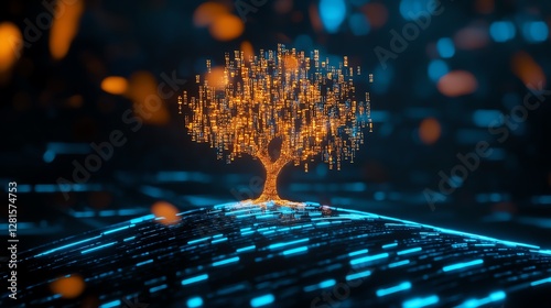 Digital tree glowing in vibrant colors.