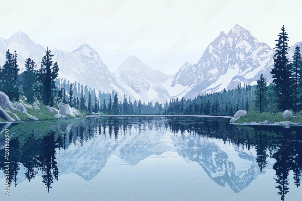 Fototapeta premium Illustration of a serene lake with crystal clear water reflecting the surrounding mountains and trees. The stillness of the lake creates a feeling of tranquility, while the distant peaks add grandeur