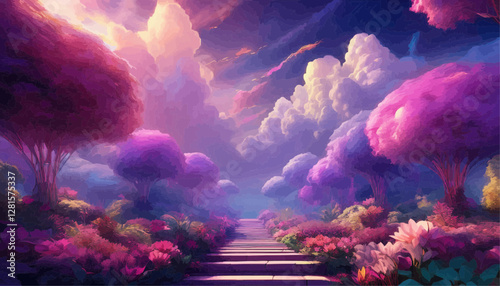 Spring fantasy landscape with pink and purple trees and stone path