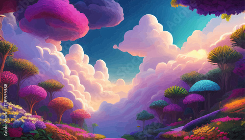 Vibrant spring landscape with colorful trees and fluffy clouds