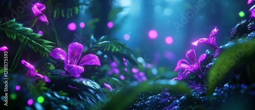 Vibrant purple flowers in a mystical forest.