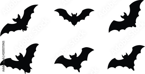 Black silhouettes of bats set on white background