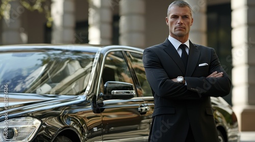 A tall, imposing bodyguard with crossed arms standing outside a luxury car.
