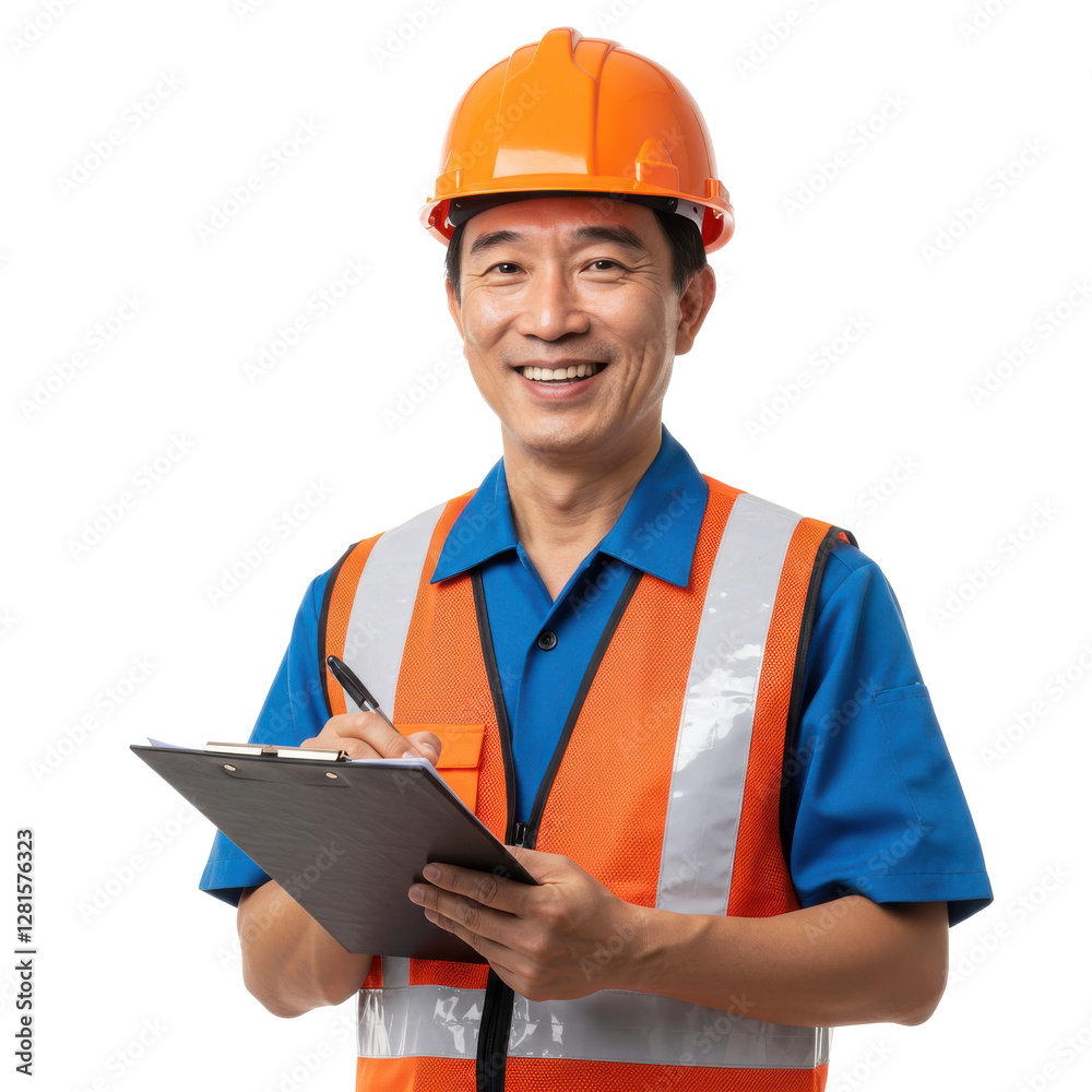 Portrait of a smiling Asian construction worker wearing helmet and holding a clipboard isolated on White background Portrait of a smiling Asian construction worker wearing helmet and holding a clipboard isolated on White background