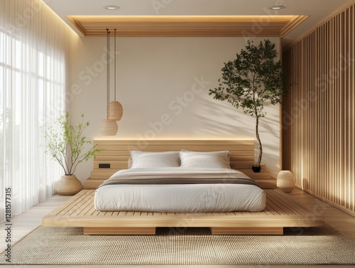 A modern minimalist bedroom with soft lighting and natural elements