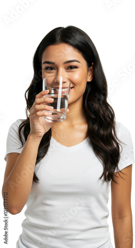 Smiling woman holding a glass of water, drinking water isolated on White background