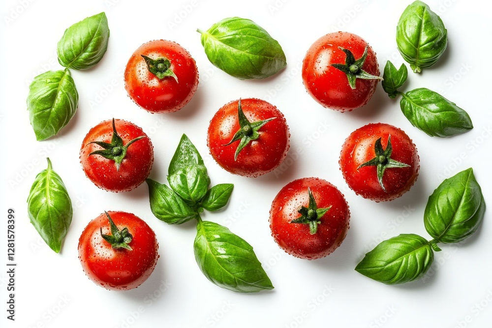 Fresh Tomatoes and Basil on a White Background