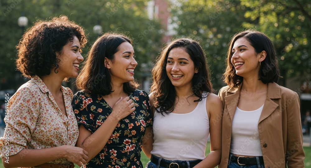 Obraz premium Diverse group of young women walking and talking in park, multi-ethnic friends laughing and enjoying time together outdoors, concept of friendship and diversity, urban lifestyle
