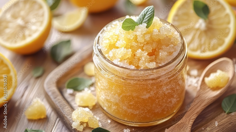 A jar of body scrub with natural ingredients like sugar and citrus. A jar of body scrub with natural ingredients like sugar and citrus.