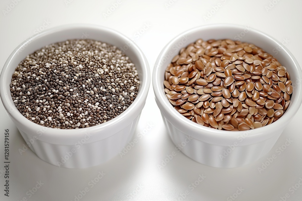 Two bowls filled with nutritious seeds like chia seeds and flaxseeds for added nutrition showcase healthy ingredients suitable for elimination diet foods. Two bowls filled with nutritious seeds like chia seeds and flaxseeds for added nutrition showcase healthy ingredients suitable for elimination diet foods.