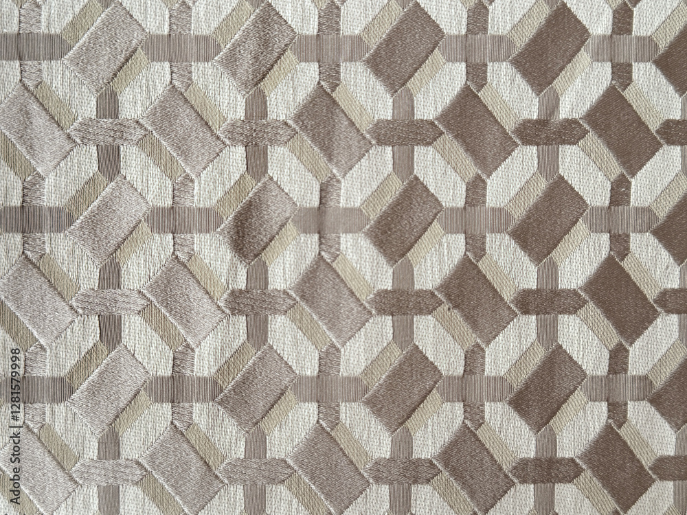 Close up of bronze brown fabric in random geometric hexagon, diamond, and checkered pattern. Mocha brown fabric in abstract modern geometrical texture. Seamless fabric background texture. Close up of bronze brown fabric in random geometric hexagon, diamond, and checkered pattern. Mocha brown fabric in abstract modern geometrical texture. Seamless fabric background texture.