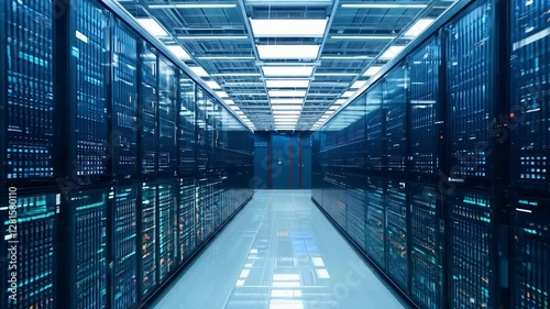 A guided tour through a state-of-the-art data center showcasing rows of servers and high-tech equipment. The environment highlights advanced computing facilities.