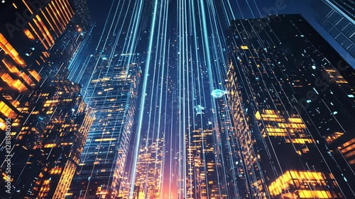 Futuristic cityscape with glowing buildings and lights