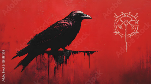 painted sitting bird crows on a red background, viking symbol, hugin and munin photo