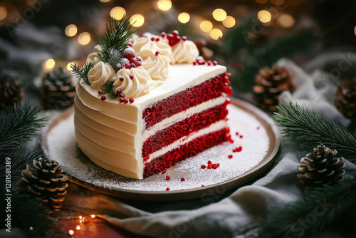 A festive red velvet cake surrounded by holiday decorations, including pine branches and fairy lights.