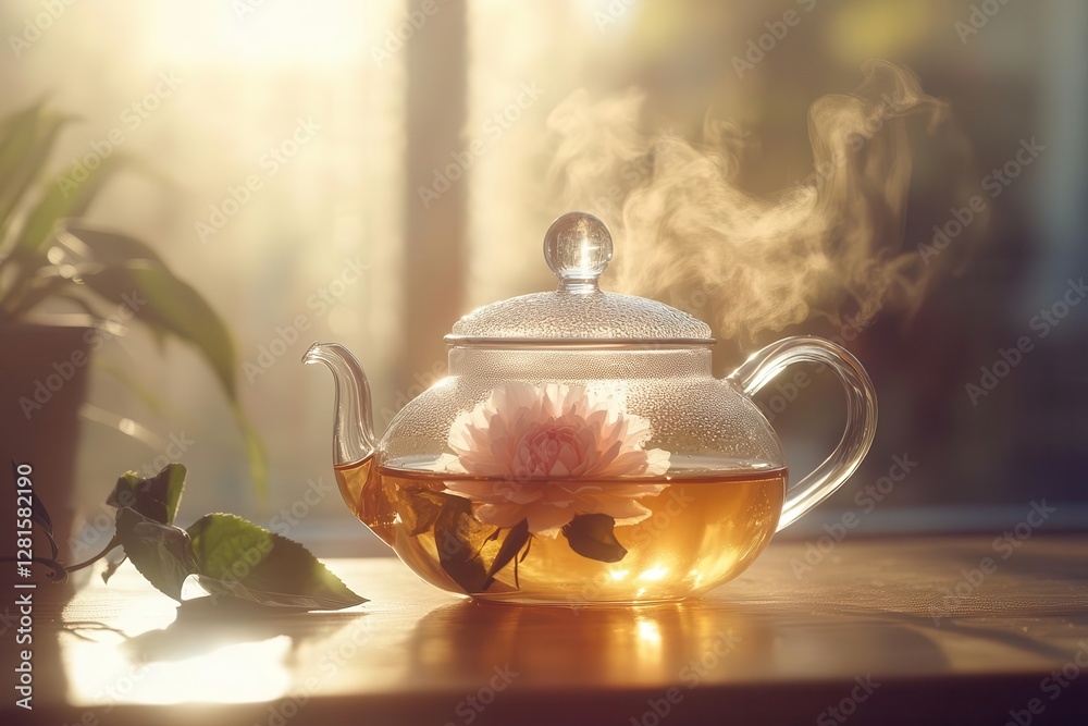 crystal teapot with blooming flower tea steam rising backlit with golden morning light minimalist composition crystal teapot with blooming flower tea steam rising backlit with golden morning light minimalist composition