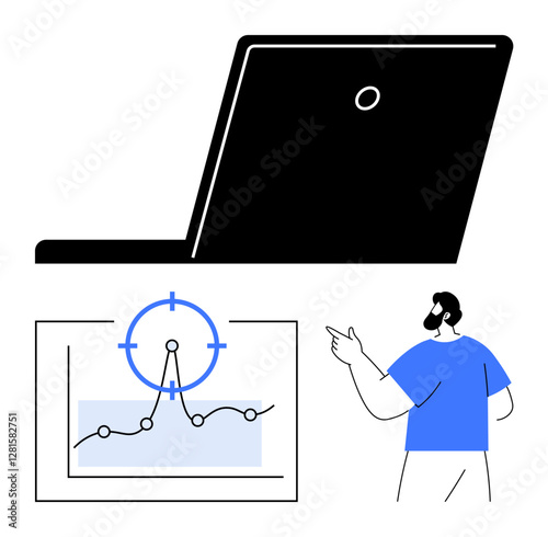 Open laptop, line graph with target focus indicator, professional gesturing. Ideal for data analysis, strategy, teamwork, business growth, goal setting, tech innovation abstract line flat metaphor