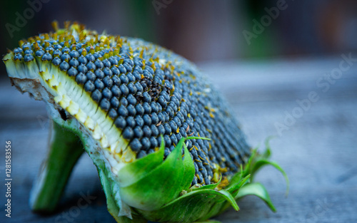 half of a broken sunflower lies on a wooden table