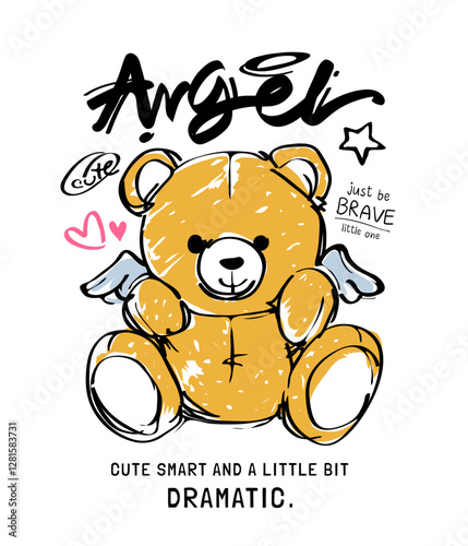 angel calligraphy slogan with bear doll angel hand sketch hand drawn vector illustration