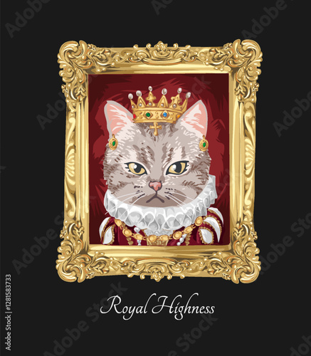 royal highness slogan with medieval royal king cat in vintage golden frame hand drawn vector illustration