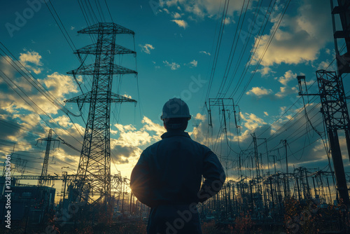 Workers stand in awe beneath towering power lines while the sun sets, casting a golden glow over the energy landscape of the industrial zone