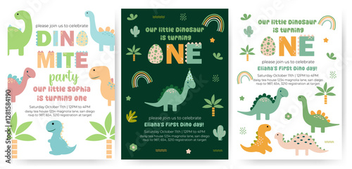 Birthday invitation card vector template. Dinosaur birthday Party theme with dinosaur, tree, plants and other elements.